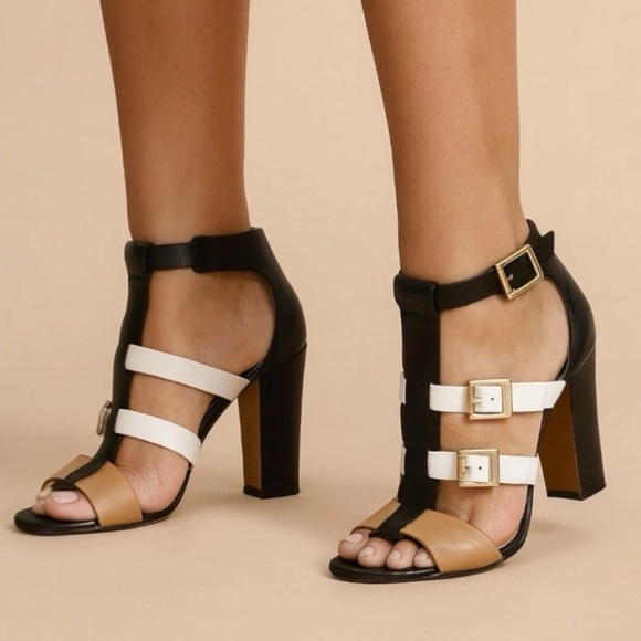 Vince Camuto Shoes - Vince Camuto Gladiator Black Beige White Adriana Heel Sandal - Size 9